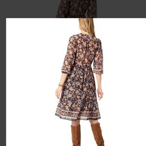 Coco + Carmen Brown, Blue and Orange Tiered Midi Sundress L/Xl V Neck Boho